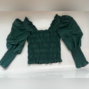 Smocked Puff-Sleeve Crop Top in Forest Green